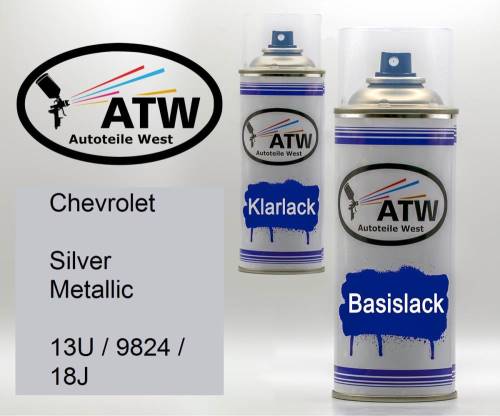 Chevrolet, Silver Metallic, 13U / 9824 / 18J: 400ml Sprühdose + 400ml Klarlack - Set, von ATW Autoteile West.